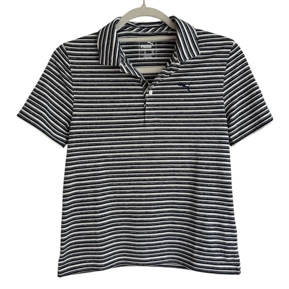 New Puma Kids Golf Polo Shirt Gray Black White Striped T-Shirt Unisex Medium - Picture 1 of 6